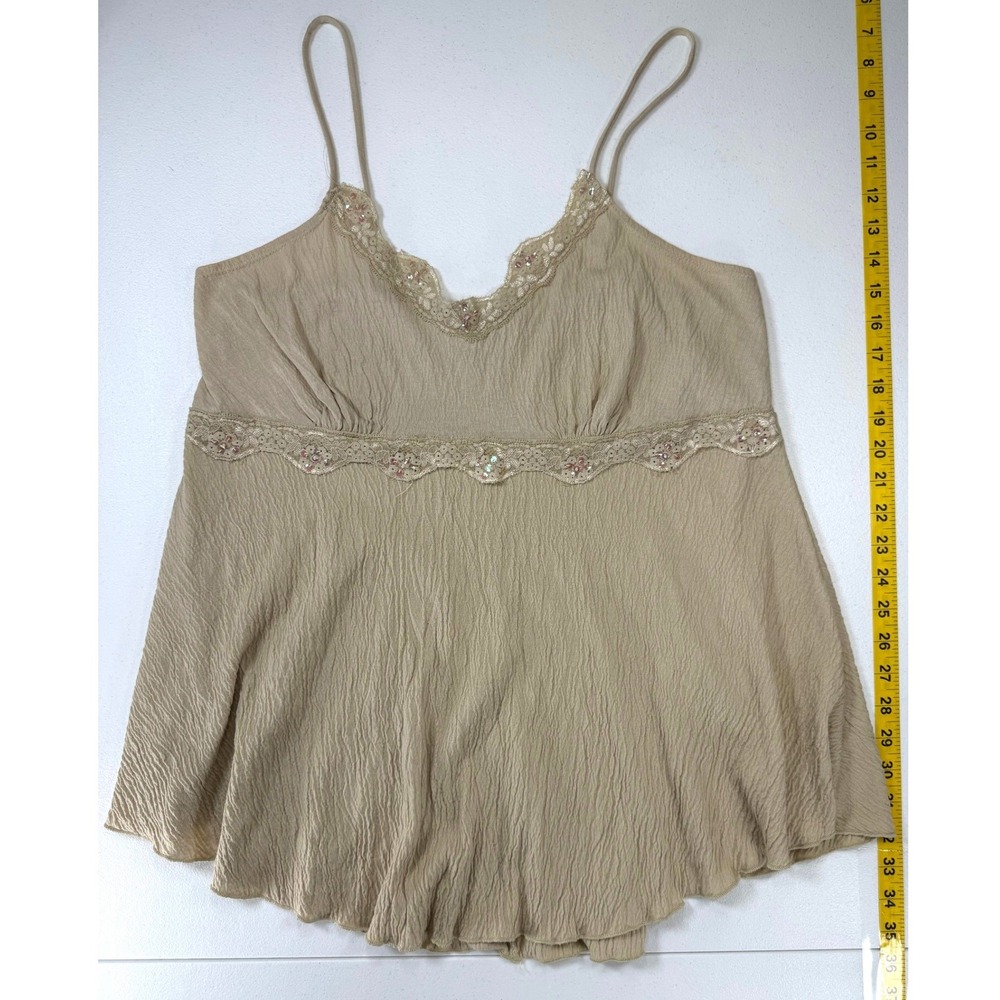 Y2K Cami Tank Womens 1X Vintage Beige Lace Sequin Fairy Boho Earthy USA Plus